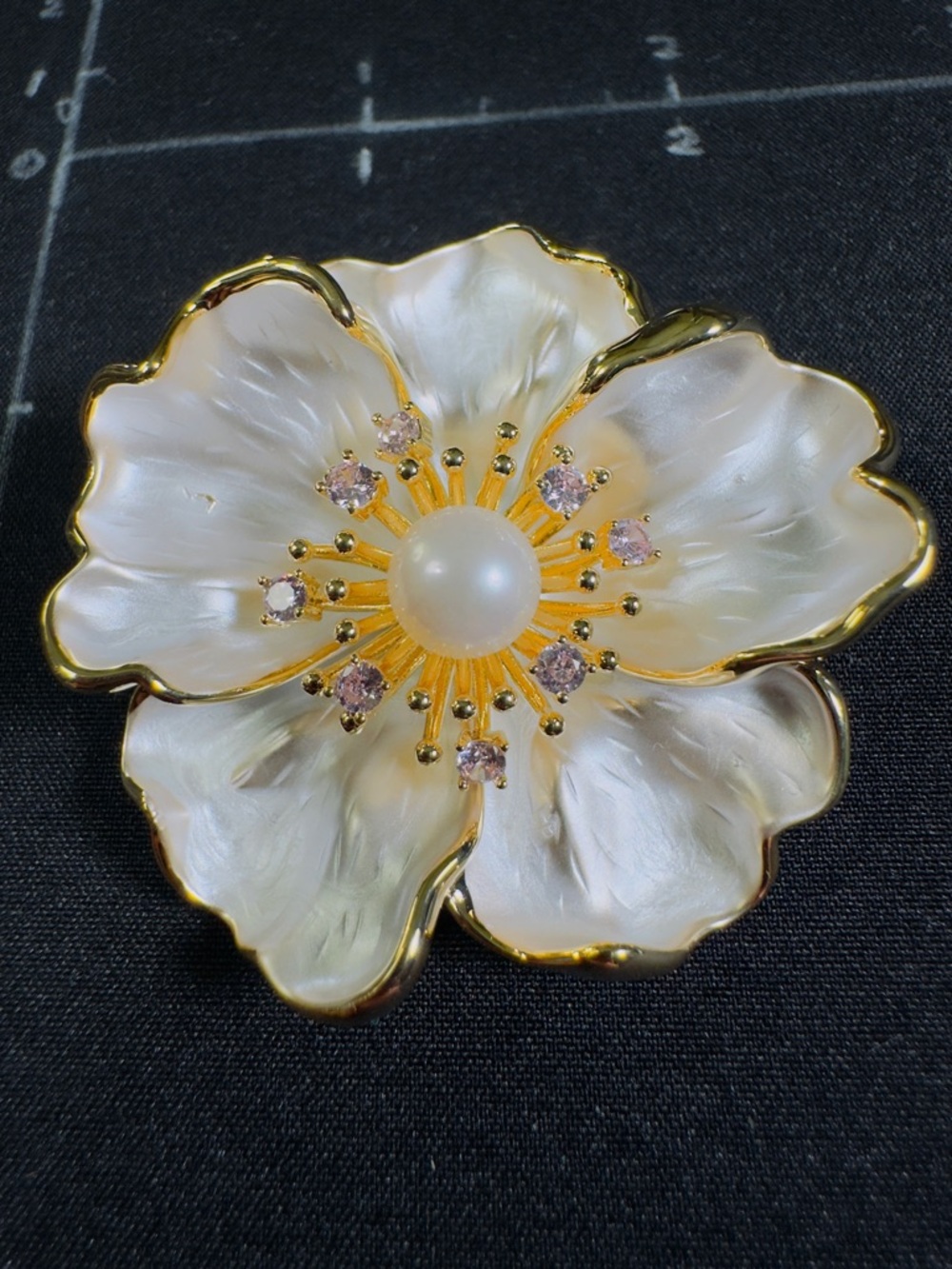 Elegant Mother-of-Pearl Flower Brooch with Pearl Center - Gold Trim
